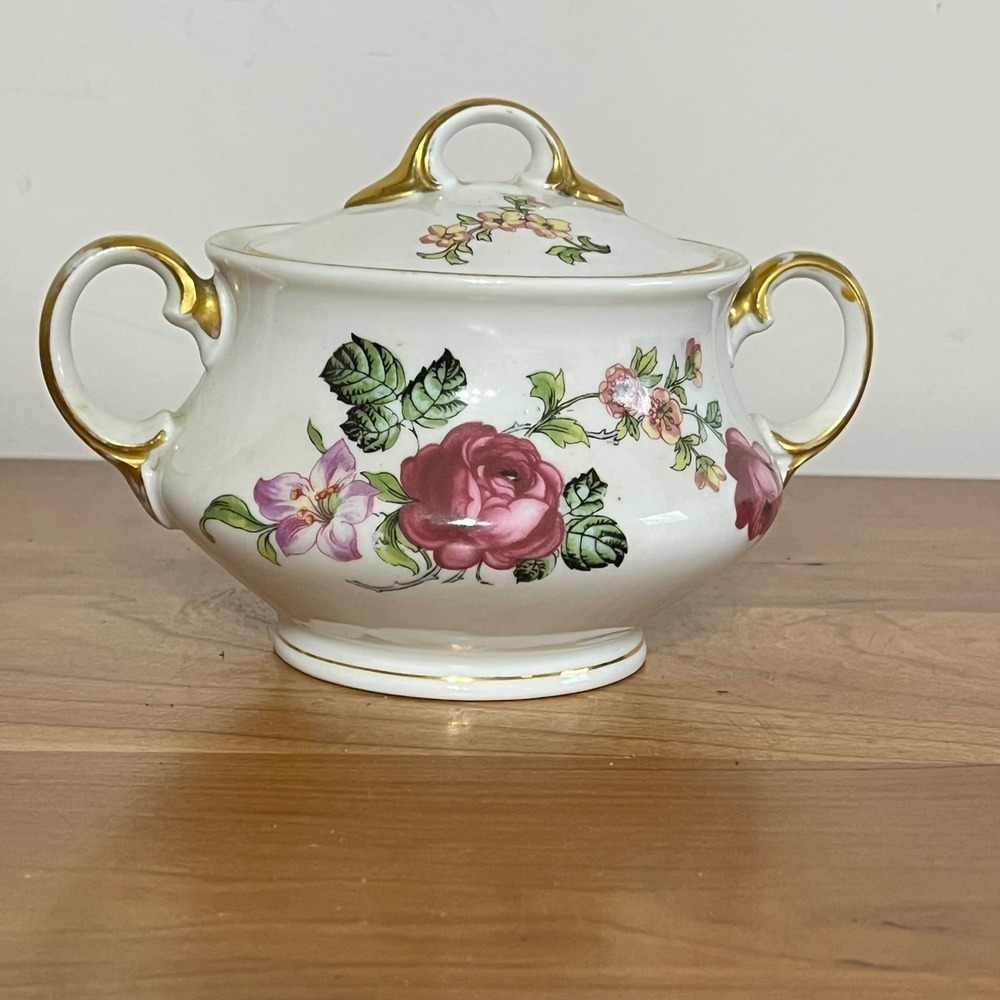 Vintage Epiag Royal Czechoslovakia Floral Porcelain Sugar Bowl Gold Gilt Trim